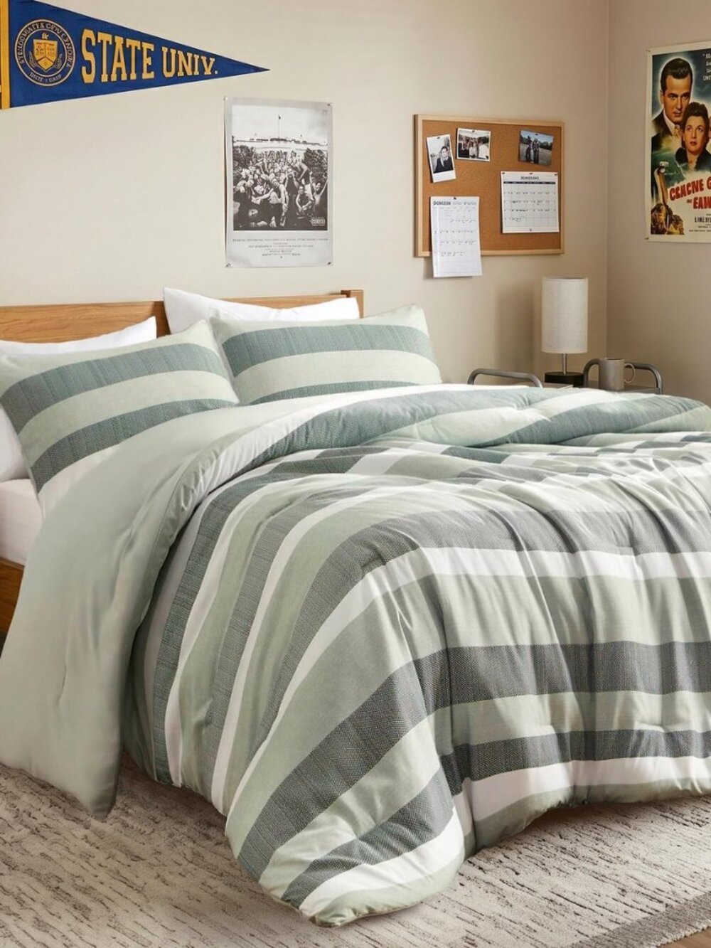 Queen Size Striped 3 Pieces Comforter Set, Sage Green